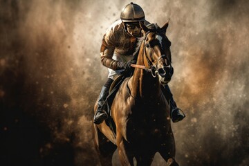 Horseman riding on gallop with jockey on grunge background, Generative Ai