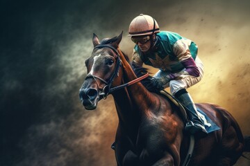 Horse jockey riding on gallop on colourful background. Illustration style, Generative Ai - obrazy, fototapety, plakaty