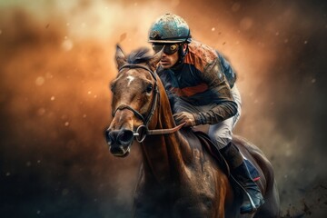 Naklejka premium Horseman jockey riding on a racecourse in the dust, Generative Ai