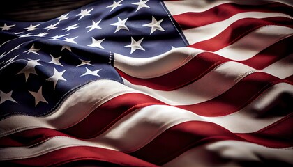 American Flag in the Wind Close Up for Veteran's Day, 4th of July, Patriotic Banner Background.