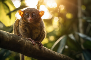 Enigmatic Forest Dweller. Captivating image of a Tarsier perched on a branch, basking in the warm glow of a sun-kissed forest. Wildlife concept AI Generative