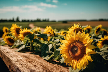 Table of Sunshine: Rustic Charm with Diagonal Sunflower Arrangement. Enchanting display of sunflowers on a vintage table, adding warmth and beauty to any setting. Nature concept AI Generative