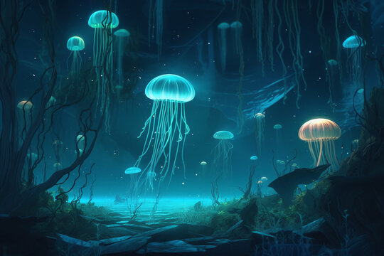 Fond d'écran de méduses flottant dans le fond de l'océan » IA générative