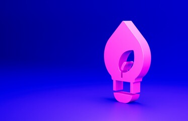 Pink Light bulb with leaf icon isolated on blue background. Eco energy concept. Alternative energy concept. Minimalism concept. 3D render illustration