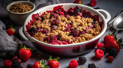 Homemade rhubarb crumble with berries on a wooden table. Generative AI.