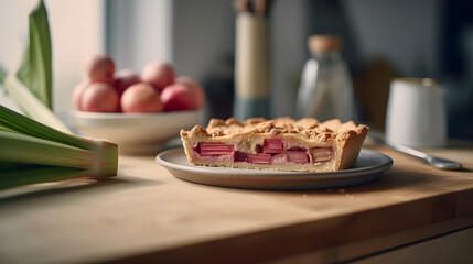 Homemade rhubarb pie on the plate on a kitchen table. Generative AI.