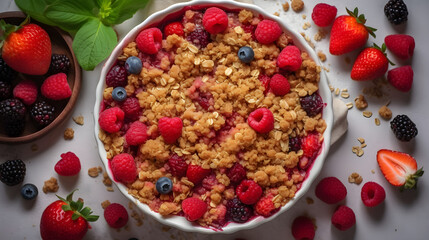 Homemade rhubarb oat crumble with raspberries on a wooden table. Generative AI.