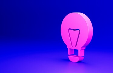 Pink Creative lamp light idea icon isolated on blue background. Concept ideas inspiration, invention, effective thinking, knowledge and education. Minimalism concept. 3D render illustration