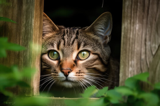  Feline Observer. Charming scene featuring a tabby cat with inquisitive eyes, peering through a small opening in a wooden fence. Pet concept AI Generative