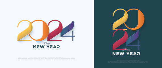 Happy New Year 2024 Colorful Design. With a unique number in the white background. Premium Vector Illustration to Banner, Poster, Calendar and Happy New Year 2024.