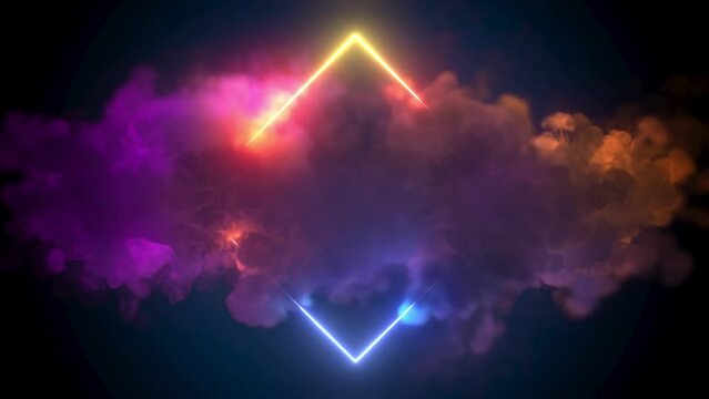 Illuminated stormy clouds, glowing square in cloud, abstract minimal background, pink yellow blue neon light square frame, glowing geometric rhombus shape, neon background, 3d render