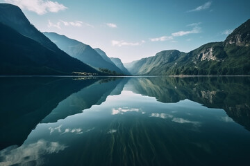 Fond d'écran avec reflet des montanges et du ciel dans l'eau d'un lac » IA générative - obrazy, fototapety, plakaty