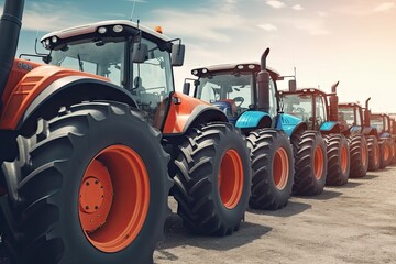 Many different tractors standing in row at agricultural fair for sale outdoors.Equipment for agriculture.Heavy industrial machines presented to agricultural exhibition. Agribusiness leasing concept - obrazy, fototapety, plakaty