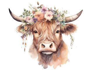 Watercolor style highlander cow scotland with flower wreath, generative ai