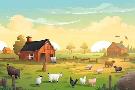 Farm animals with wide background, cartoon style, animals. from generative ai