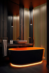 A black bath tub sitting in a bathroom. Generative AI