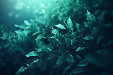 Fototapeta na wymiar Fond d'écran de feuilles d'arbres dans une ambiance bleue verte » IA générative