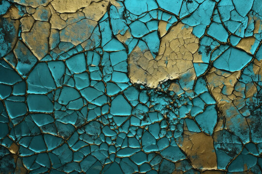 Fond d'&eacute;cran d'un mur bleu turquoise craquel&eacute; avec zones dor&eacute;es &raquo; IA g&eacute;n&eacute;rative