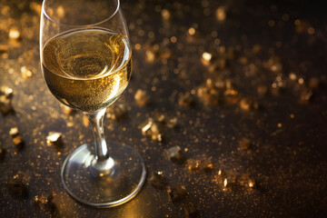Fototapeta Vue de haut d'une coupe de champagne dans un univers doré » IA générative obraz