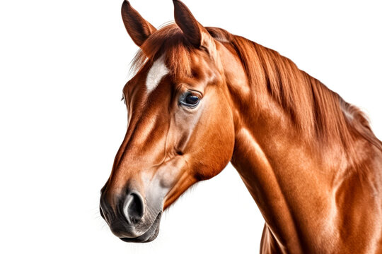 Portrait of a chestnut horse isolated on a white background.. Generative AI.