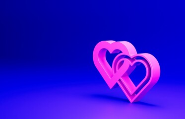 Pink Two Linked Hearts icon isolated on blue background. Romantic symbol linked, join, passion and wedding. Valentine day. Minimalism concept. 3D render illustration