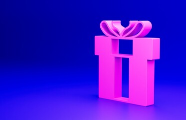 Pink Gift box icon isolated on blue background. Valentines day. Minimalism concept. 3D render illustration