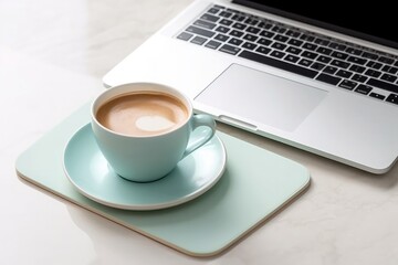 Obraz na płótnie Canvas phone, cup of coffee and eucalyptus with a laptop concept photo. Generative ai