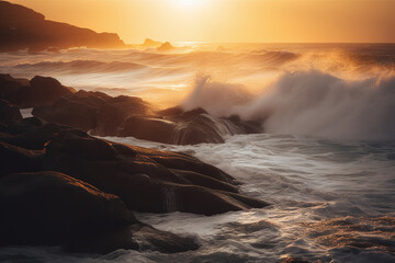 Obraz premium Fond d'écran de vagues s'écrasant au lever du soleil » IA générative