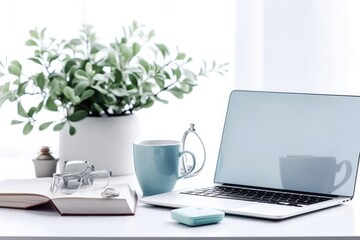 Fototapeta premium phone, cup of coffee and eucalyptus with a laptop concept photo. Generative ai