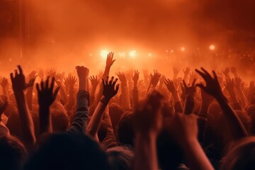 Naklejka na ściany i meble Fans waving hands in a concert at night photo. Generative ai