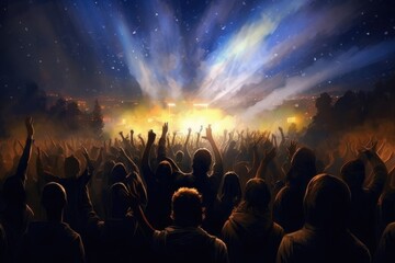 Obraz na płótnie Canvas Fans waving hands in a concert at night photo. Generative ai