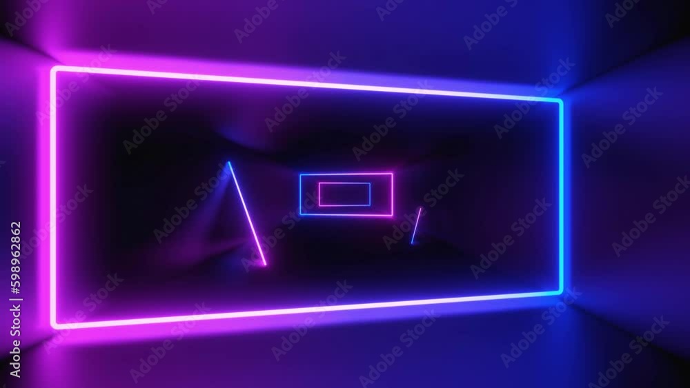 Poster abstract neon background, looped 3d animation, neon tunnel with rotating square frames. modern color