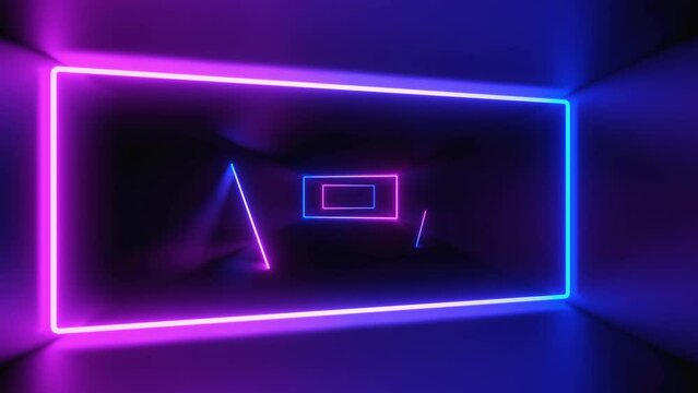 Abstract neon background, looped 3d animation, neon tunnel with rotating square frames. Modern colorful neon light spectrum. Fluorescent ultraviolet light, modern colorful lighting, 4k loop animation.