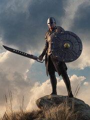 Here stands a male human fighter, the most basic character type in medieval fantasy role playing game.  He is a warrior who specializes in hand weapons and heavy armor. 3D Rendering © Daniel Eskridge