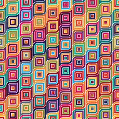 Seamless colorful pattern with concentric squares on white background. Abstract decorative ethnic elements. Graphical fabric in retro style. Vector illustration.