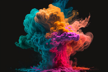 A colorful explosion of colored powder on a black background. Generative AI