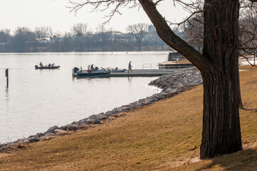 Fishing Boats Coming In To Dock On Fox River, De Pere, Wisconsin