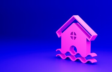 Pink House flood icon isolated on blue background. Home flooding under water. Insurance concept. Security, safety, protection, protect concept. Minimalism concept. 3D render illustration