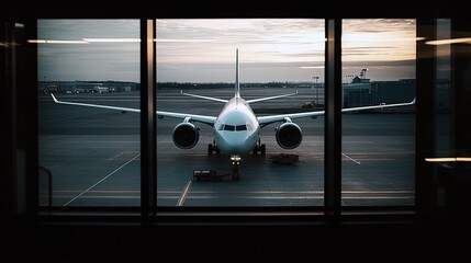 Airplane behind a big window in an airport. Generated ai.