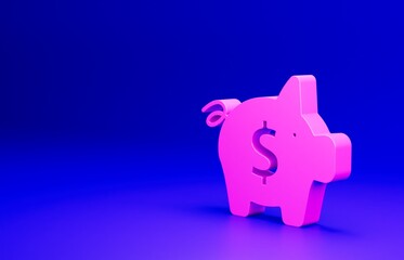 Pink Piggy bank icon isolated on blue background. Icon saving or accumulation of money, investment. Minimalism concept. 3D render illustration