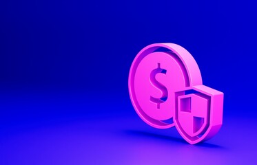 Pink Money with shield icon isolated on blue background. Insurance concept. Security, safety, protection, protect concept. Minimalism concept. 3D render illustration