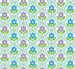 Abstract Retro Flowers Diagonal Wavy Stripes Seamless Cute Pattern Trendy Fashion Colors Minimalist Endless Design Perfect for Allover Fabric Print or Wrapping Paper