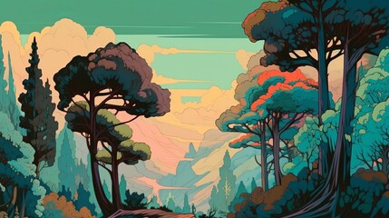 Abstract Natural Forest Landscape Scene Soft Color Painted Digital Generated Illustration Poster Design 