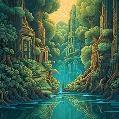 Abstract Natural Forest Landscape Scene Soft Color Painted Digital Generated Illustration Poster Design 