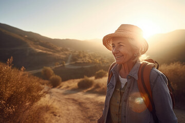 Portrait of Senior caucasian retiree woman enjoying active retirement outdoors at sunset. Enjoying life. Generative AI.