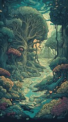 Abstract Natural Forest Landscape Scene Soft Color Painted Digital Generated Illustration Poster Design 