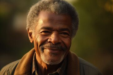 Portrait of Mature african retiree enjoying active retirement outdoors at sunset. Enjoying life. Generative AI.
