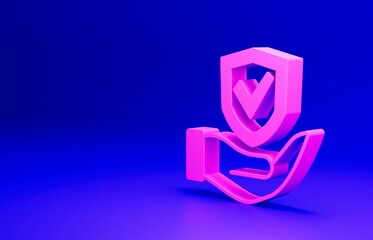 Pink Shield in hand icon isolated on blue background. Insurance concept. Guard sign. Security, safety, protection, privacy concept. Minimalism concept. 3D render illustration
