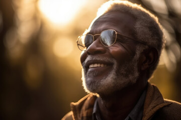 Portrait of Mature african retiree enjoying active retirement outdoors at sunset. Enjoying life. Generative AI.