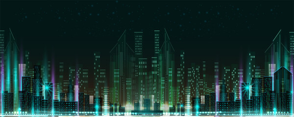 skyscraper concept background image Night city with colorful neon lights
